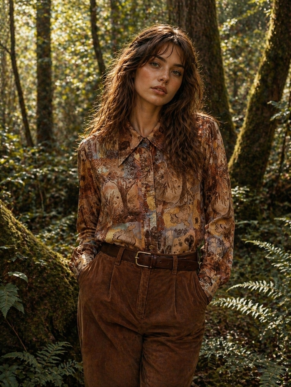 VINTAGE Blouse Womens Size Small Brown Tan Abstract 70s Artsy Goblincore Forest